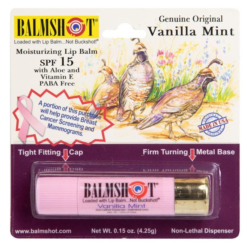 BALMSHOT Moisturizing Beeswax Lip Balm Pink (Vanilla Mint) SPF 15 - Chapstick with Aloe & Vitamin E, 20-Gauge Brass Shotgun Shell Tube, Made in USA