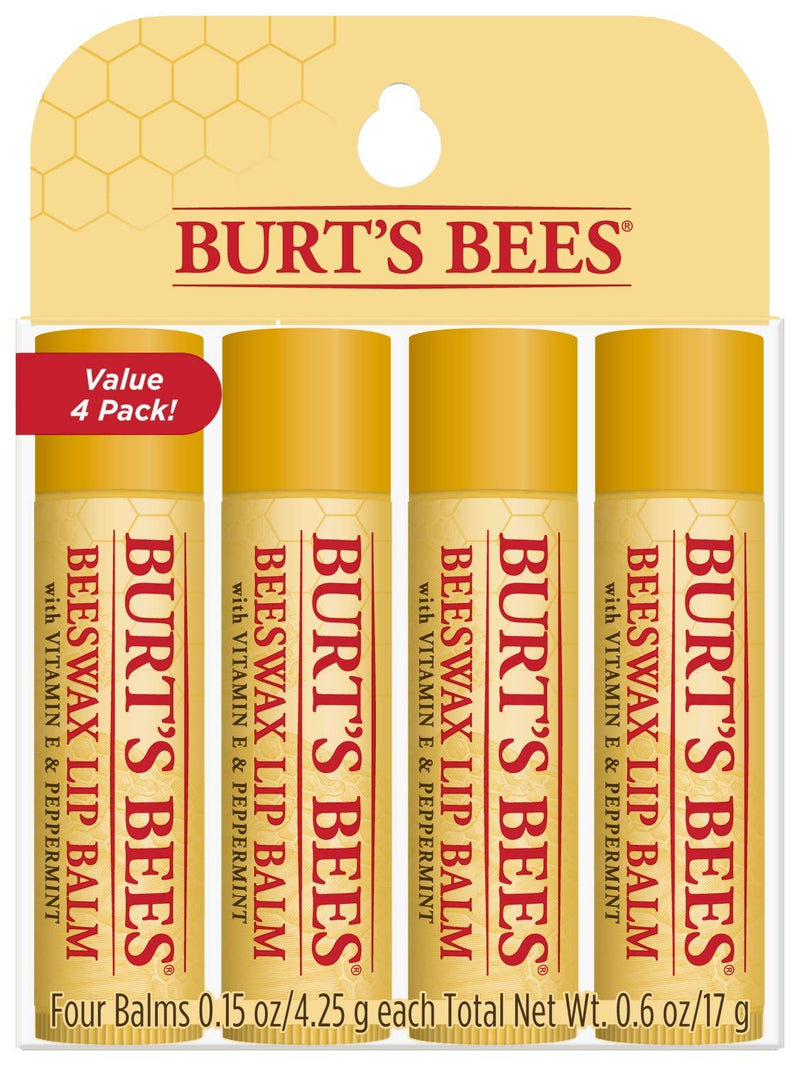Burt's Bees Lip Balm Stocking Stuffers, Moisturizing Lip Care Holiday Gift, 100% Natural, Original Beeswax with Vitamin E & Peppermint Oil (4 Pack)