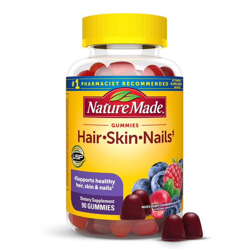 Nature Made Hair Skin and Nails with Biotin 2500 mcg, 90 Gummies | Dietary Supplement for Healthy Hair, Skin & Nails Support, Vitamin C Helps Make Collagen for Healthy Skin, 45 Day Supply Mixed Berry, Cranberry & Blueberry 90 Count (Pack of 1)