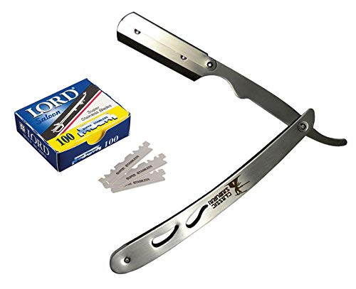 [Australia] - CS-102 Stainless Steel Professional Barber Straight Edge Razor with 100 Lord Single Edge Razor Blades (Silver Metal) 