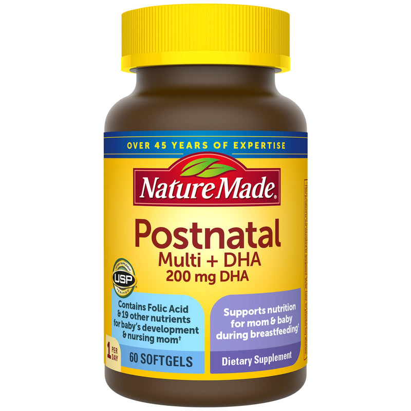 Nature Made Postnatal Multivitamin + DHA 200 mg, 60 Softgels | Postnatal Vitamins for Women, Includes Iron, Vitamin D3, Calcium, Iodine and More for Breastfeeding Moms, 60 Day Supply 60 Count (Pack of 1)