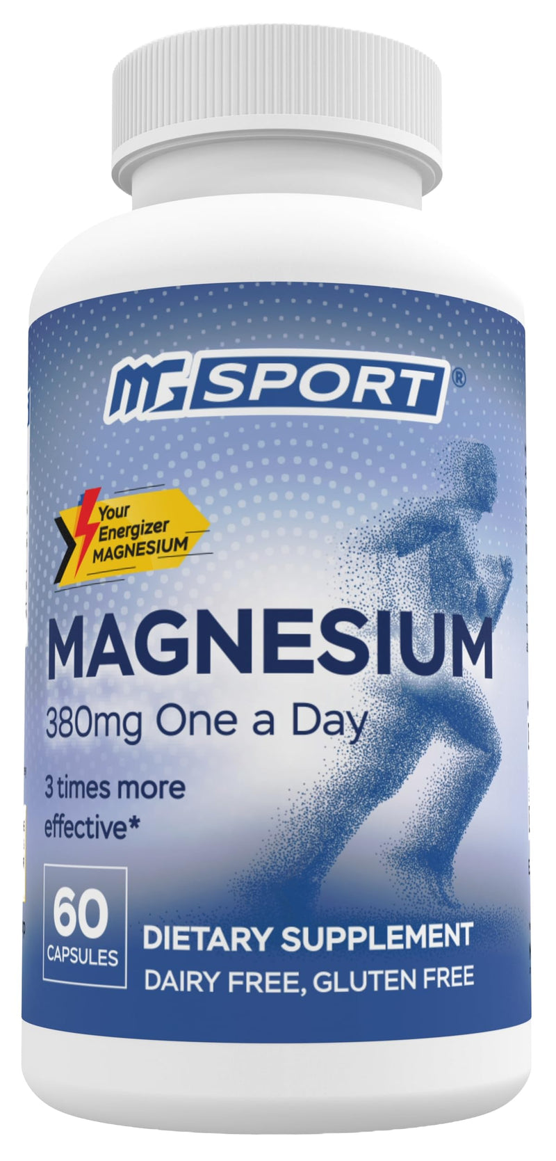 MGSPORT Magnesium Supplement 380mg, 60 Servings | High Intracellular Absorption Complex Formula, With Vitamins B6, D, E, Supports Muscle Function, Supports Sleep Quality Unflavored 60 Count (Pack of 1)