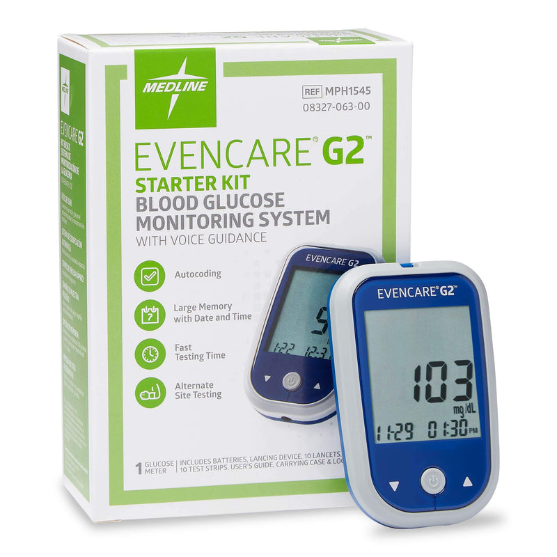 [Australia] - Medline EvenCare G2 Blood Glucose Monitor Starter Kit, Diabetic Care, 6 Sec Results, General Purpose Lancing Device & Lancets, Test Strips, Batteries, Guide, Carrying Case, Logbook, Voice Guidance 