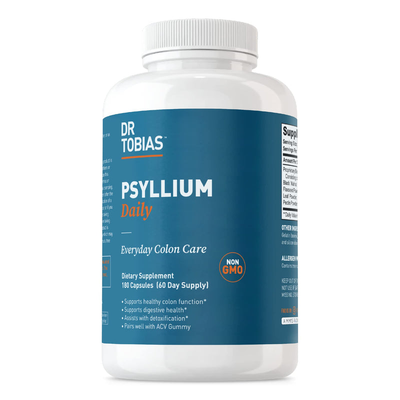 [Australia] - Dr. Tobias Psyllium Daily, Supports Healthy Bowel Movement, Psyllium Husk Capsules with Bentonite Clay, Flaxseed & Natural Ingredients, Daily Fiber Supplement in Support of Colon Health, 180 Capsules 