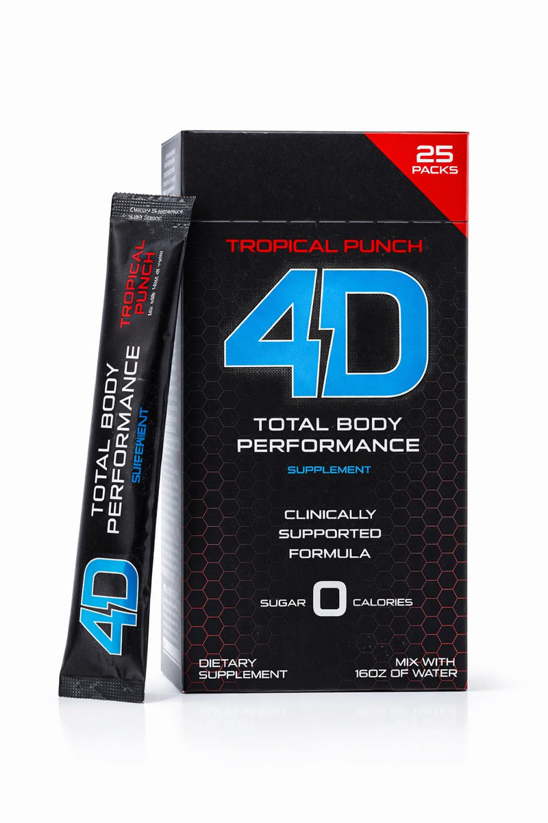 4D - Tropical Punch 25 Unit Box- Vitamins & Energy Powder Packets - Zero Calories & Sugars - Gluten Free, Non-GMO, Keto & Vegan Friendly 1 Box (25 Count)