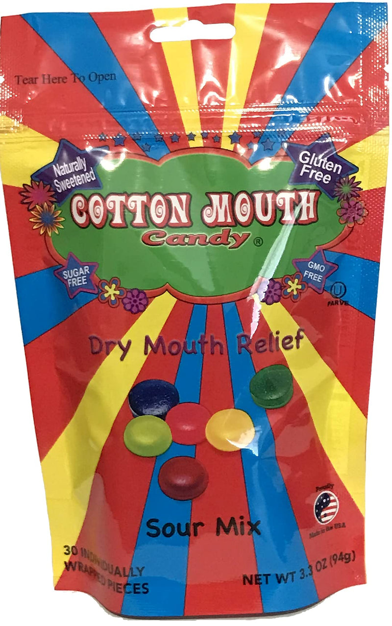 [Australia] - Cotton Mouth Candy® Dry Mouth Relief Sour Mix 3.3 Ounce Bag (3 Bags) | Relieves Dry Mouth & Increases Saliva Production, Sugar Free, Gluten Free, Delicious Sour Flavor, Individually Wrapped, 30 Ct 