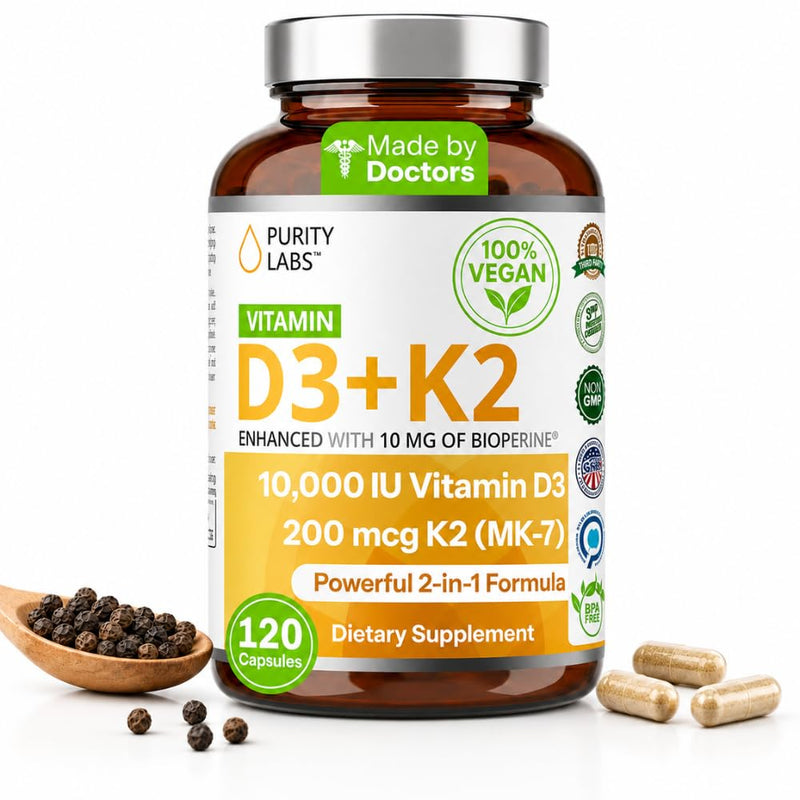 Purity Labs Vitamin D3 K2 10000 IU, (250mcg) D3 + 200mcg K2 MK7 - Immune Support Supplement Enhanced with Bioperine - Supplements for Daily Defense, Bone, Muscle & Skin Health - 120 Capsules