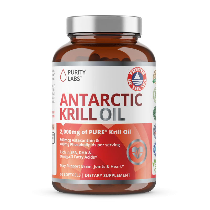 [Australia] - Purity Labs Antarctic Krill Oil 2000mg Omega-3 with Astaxanthin 800mcg Supplements to Support Memory, Heart, Brain Health - Rich in Omega 3, Fatty Acids, DHA, EPA & Phospholipids - 60 Softgels 
