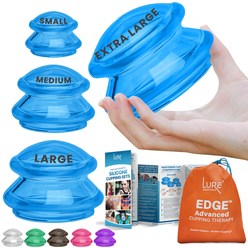 [Australia] - LURE Essentials Edge Cupping Therapy Set - Silicone Cupping Kit for Massage - 4 Cups for Cupping Therapy (Blue, 4 Piece Assortment) Blue 