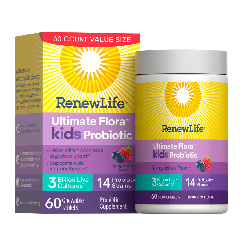 Renew Life Ultimate Flora Kids Probiotic Chewables | 60 Chewable Tablets | 14 Strains | Supports Immune Health | Berry Flavor | Soy, Dairy & Gluten Free 60 Count (Pack of 1)