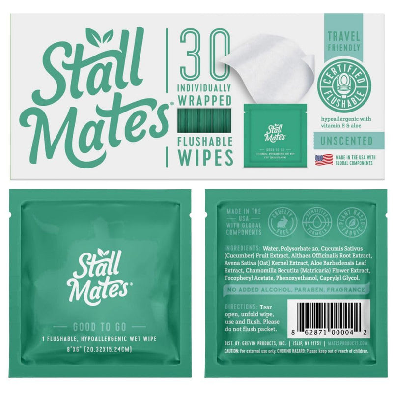 [Australia] - Stall Mates Wipes - Flushable Wipes | Individually Wrapped | Travel Friendly | Unscented with Vitamin-E & Aloe | (30 on-the-go singles) 30 Count (Pack of 1) 