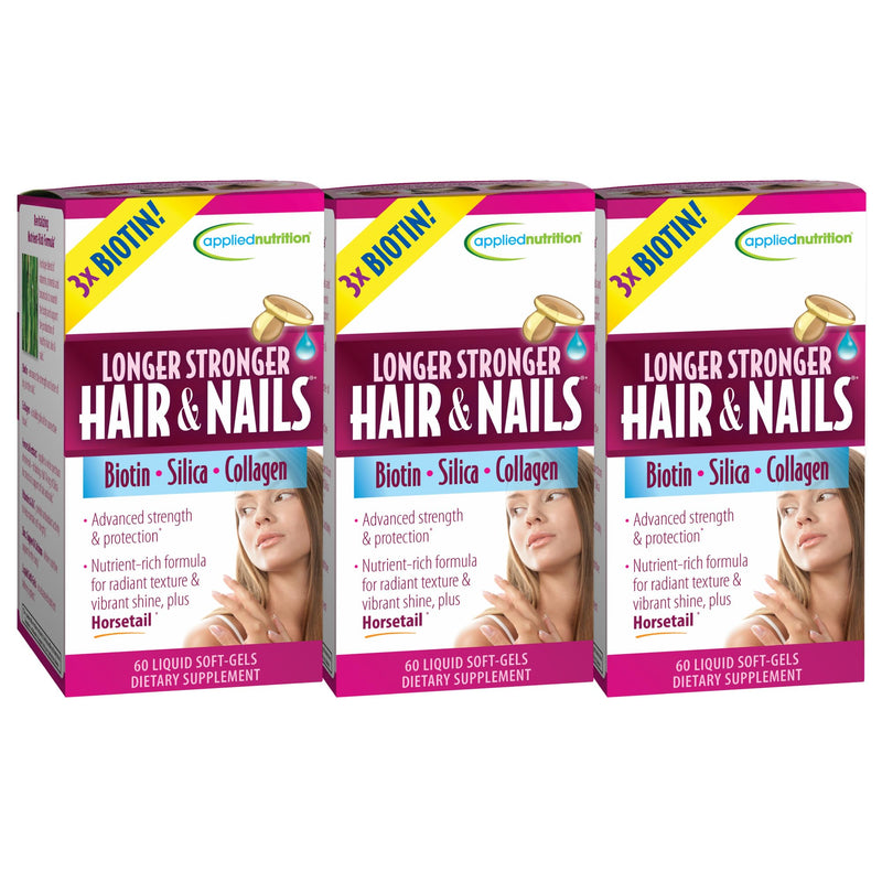 Applied Nutrition Longer Stronger Hair & Nails Beauty Formula (3 Pack) | Healthy Hair & Nails | Biotin + Silica + Gotu Kola | Beauty Nutrition Supplement | 3 X 60 Liquid Soft-Gels 60 Count (Pack of 3)