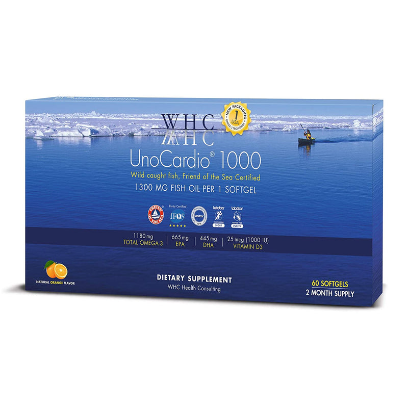 [Australia] - WHC, UnoCardio 1000 Fish Oil, 1300 mg of Pure Triglyceride Fish Oil with Omega-3 (1180 mg), 665 mg EPA and 445 mg DHA and 25 mcg (1000 IU) Vitamin D3 per softgel, Natural Orange, 60 softgels 