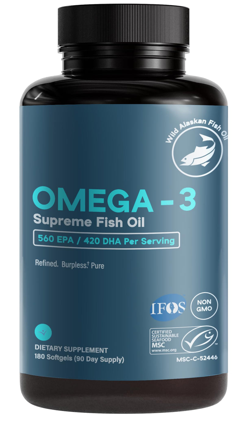 Omega-3 Supreme 1400 mg Wild Alaskan Fish Oil | Enteric Coated, Burpless | MSC Certified High EPA DHA, Improved Absorption & Heavy Metal Tested (3 Mo Supply,180 Softgels) 180 Count (Pack of 1)
