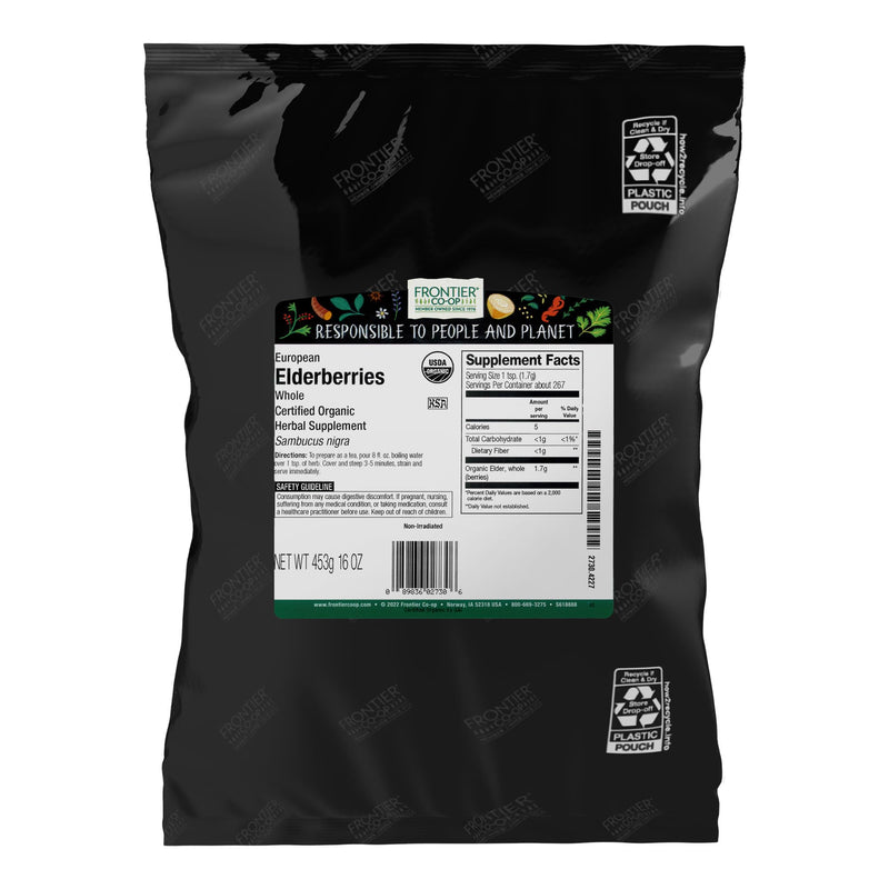 [Australia] - Frontier Co-op Organic Dried Elderberries, 1lb Bulk Bag, European Whole | Kosher and Non-GMO Organic Elderberry Berries Dried, for Tea, Immune Support 