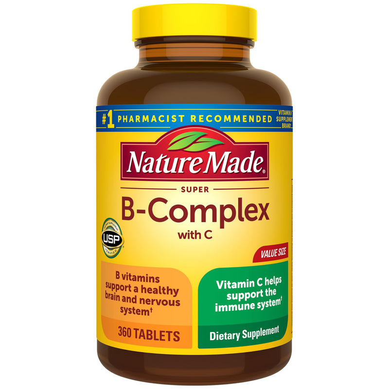 Nature Made Super B Complex with Vitamin C & Folic Acid, 360 Tablets | B Complex Vitamins for Women and Men, Dietary Supplement for Immune Support, Gluten Free, 360 Day Supply 360 Count (Pack of 1)