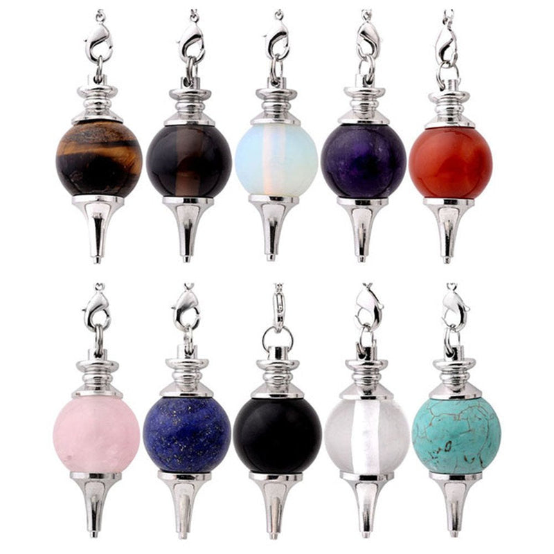 Jovivi 10pcs Beautiful Crystal Pendulums Dowsing Chakra Pendant With Chain,Natural Amethyst Rose Quartz Tiger Eye Obsidian Lapis Lazuli Turquoise Gemstone Reiki Pendant Pendulum Mixed 10pcs