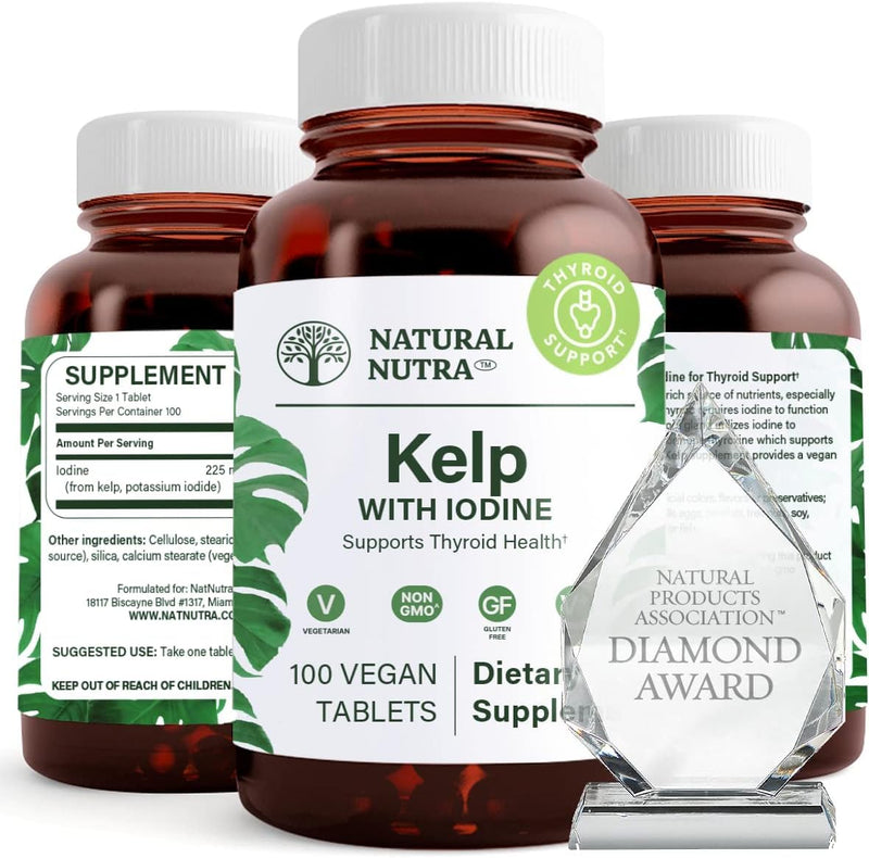 [Australia] - Natural Nutra Kelp Iodine Supplement, Helps Improve Brain Health, Strengthens Immune System, and Regulates Metabolism, Vegan Sea Kelp, Atlantic Sourced Seaweed Extract, 225 mcg, 100 Tablets 100 Count (Pack of 1) 