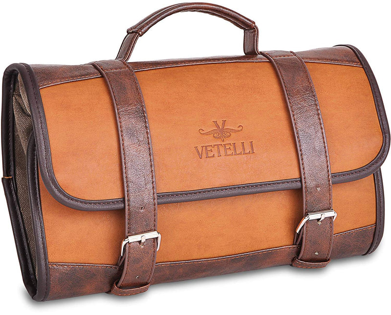 Leather Toiletry Bag for Men - Water Resistant, 2 Zippered Internal Pockets, 2 Snap-Fastened Internal Pockets, and Hanging Hook. Brown