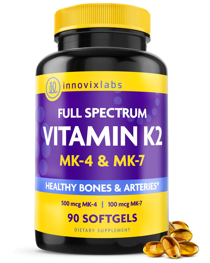 InnovixLabs Full Spectrum Vitamin K2 MK7 + MK4, 600 mcg (90 Softgels) | Vitamin K2 Supplement, Supports Heart & Bone Health, Trans Form MK-7 & MK-4, Adv. Calcium Support, Gluten Free, 90-Day Supply 90 Count (Pack of 1)