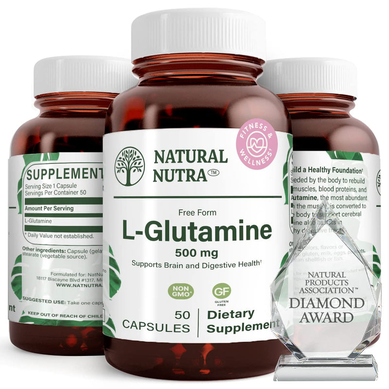 Natural Nutra L-Glutamine Supplements, 500 mg, 50 Capsules | Helps to Promote Optimal Brain Functioning, Supports Digestive Functioning, Improves Muscle Health & Boosts Memory & Focus