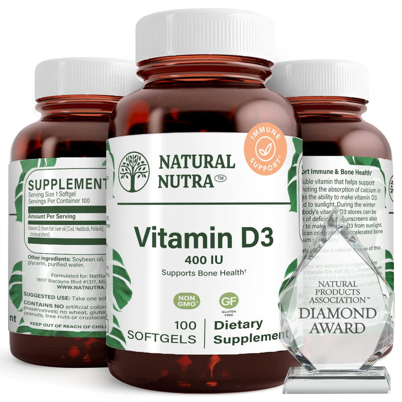 Natural Nutra Vitamin D3 400 IU Softgels, Gluten-Free Vitamin D, 100 Count | Supports Immune Function, Bone & Teeth Support, Cardiovascular Support Unflavored 100 Count (Pack of 1)