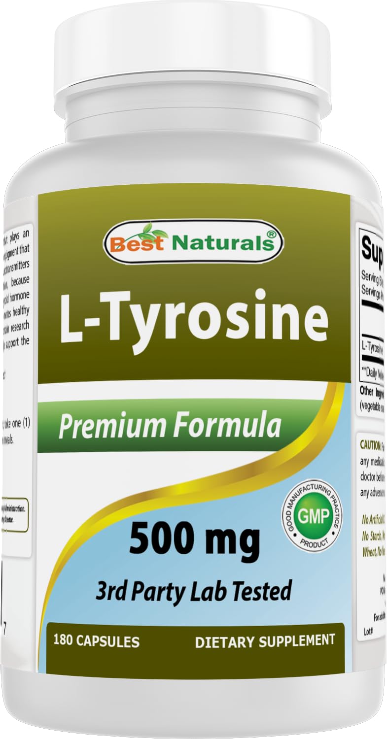 [Australia] - Best Naturals L-Tyrosine 500 Mg 180 Capsules - Supports Mental Alertness, Energy, Focus, Healthy Glandular Function and Balance 180 Count (Pack of 1) 