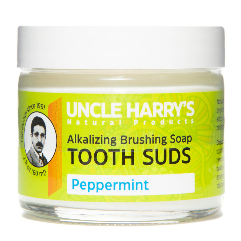[Australia] - Uncle Harry’s Natural Products Alkalizing Nonabrasive Brushing Soap Tooth Suds, Peppermint, Remineralizes Tooth Enamel and Promotes Alkaline pH, Fluoride Free and Vegan, 2 Ounce Glass Jar 