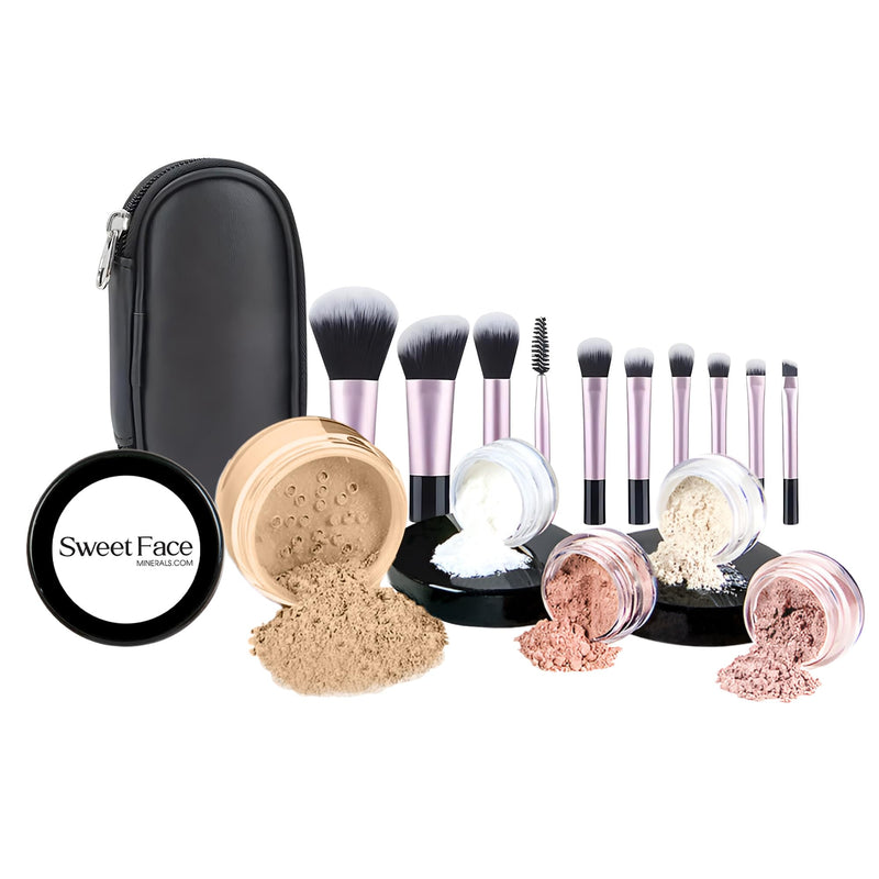 [Australia] - 16pc Beginner Mineral Makeup STARTER KIT with 10 BRUSH SET (5gm) Sample Size Foundation, Primer, Blush, Bronzer, Setting Powder for Learning, Occasional Use & First Time Users, Travel Size Kit (Warm) Warm Foundation Shade 