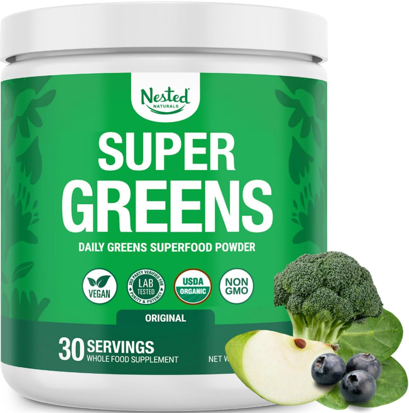 [Australia] - Nested Naturals Super Greens Daily Superfood Powder - Certified USDA Organic Green Powder w/20+ Whole Foods, Spirulina Powder,Wheat & Barley Grass - Probiotics, Fiber & Enzymes - Original Flavour, 30 Original (30 Servings) 