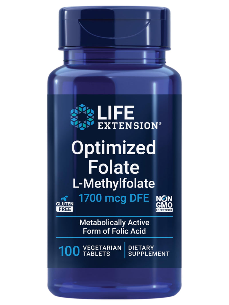 Life Extension Optimized Folate – L-methylfolate – Heart & Brain Support, Healthy Homocysteine Levels – Non-GMO, Gluten-Free, Vegetarian – 1700 mcg DFE, 100 Vegetarian Tablets | L-Methylfolate for Heart & Brain Support & Healthy Homocysteine Levels, No...