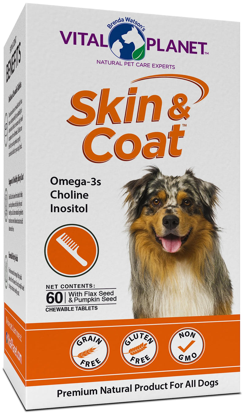 Vital Planet - Skin and Coat Supplement for Dogs with Choline, Inositol, Pumpkin, Flax and Omega-3 Oils to Support a Soft Shiny Healthy Coat and for Seasonal Allergies - 60 Chewable Tablets - PawsPlanet Australia