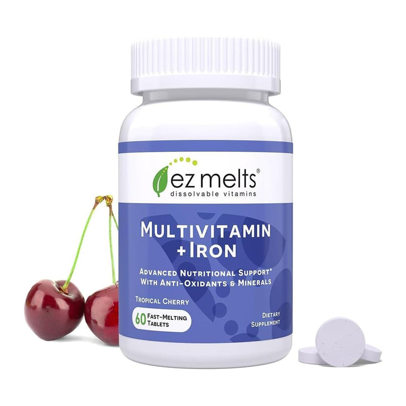 EZ Melts Multivitamin + Iron - Daily Multivitamin for Women & Men - Supports Healthy Energy Levels & Antioxidant Protection - Non-GMO & Vegan - Tropical Cherry - 60 Dissolvable Tablets (30 Servings) 60 Count (Pack of 1)