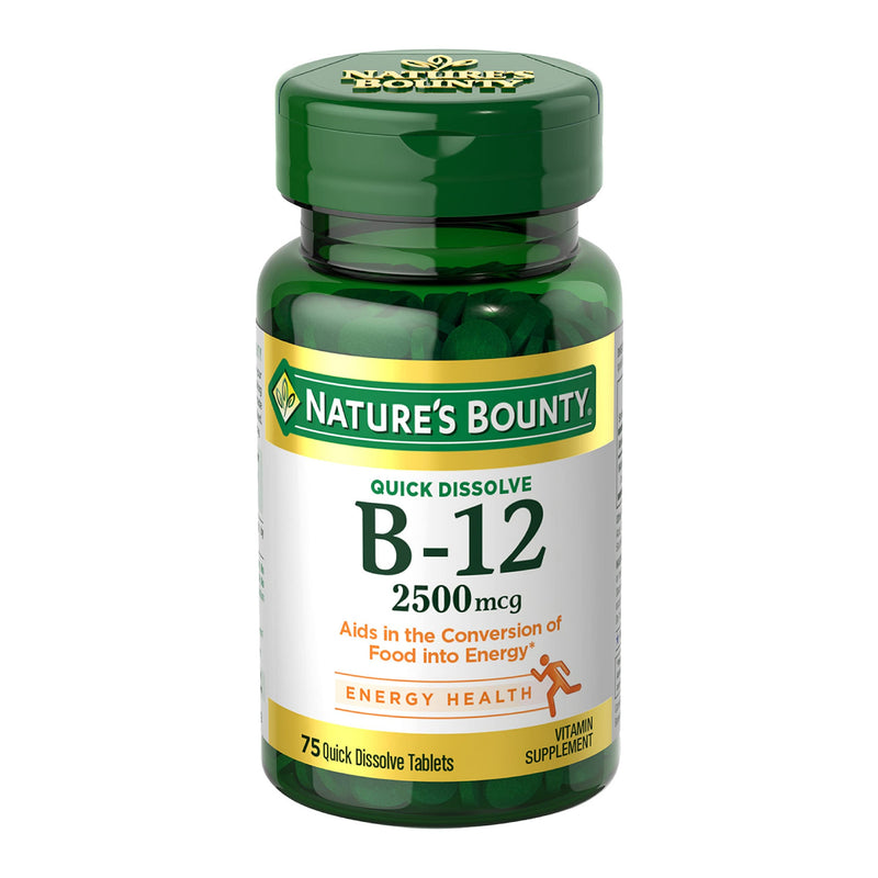 Nature’s Bounty Vitamin B12 2500 mcg, Cellular Energy Support, for Energy Metabolism, Heart & Nervous System Health, 75 Quick Dissolve Tablets Cherry 75 Count (Pack of 1)
