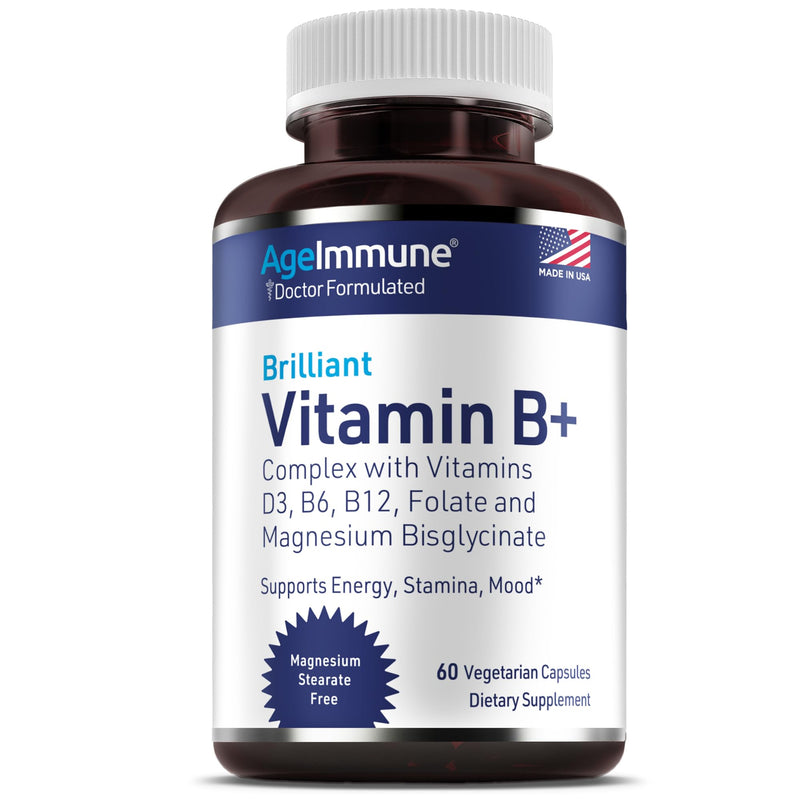 AgeImmune Vitamin B Complex with Vitamin D3 B12 B6 Magnesium Bisglycinate and Folate as Methylfolate - Doctor Formulated Methylated B Complex Supplement – 60 Capsules - Without Niacin 60 Count (Pack of 1)