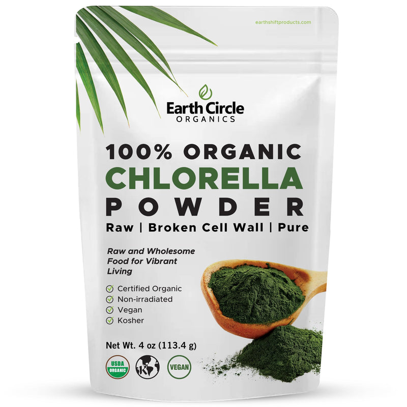 [Australia] - Earth Circle Organics Organic Chlorella Powder Superfood | Kosher | Broken Cell Wall Chlorophyll, Vegan, Super Green Algae, Clean Chlorella, High in Protein, Fiber & Amino Acids - 4oz 4 Ounce (Pack of 1) 