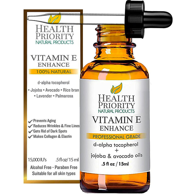 Health Priority Naturals|Vitamin E Oil - for Face/Hair - Organic, Handmade, Non-GMO, Gluten-Free, Vegan - For Scars, Wrinkles, Stretch Marks - Scented, 15,000 IU, 0.5 Fl Oz 0.5 Fl Oz (Pack of 1)