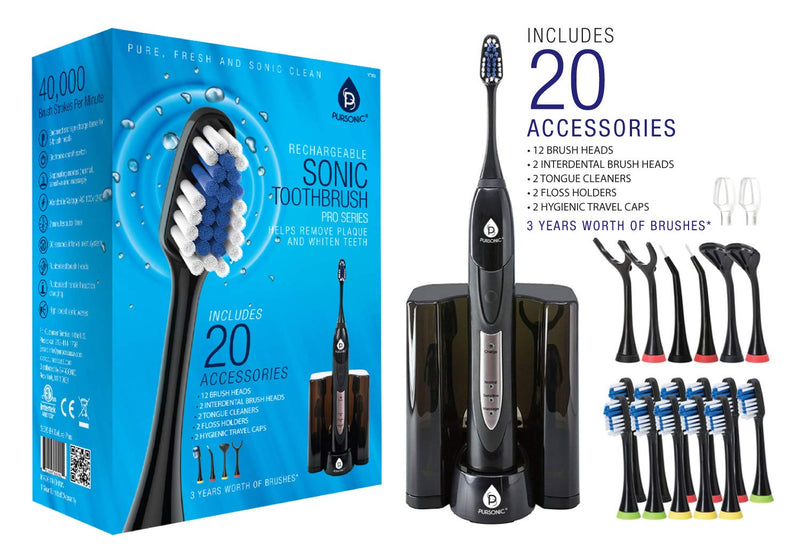 [Australia] - PURSONIC S520 Black Ultra High Powered Sonic Electric Toothbrush with Dock Charger, 12 Brush Heads & More! (Value Pack) 1 Count (Pack of 1) 