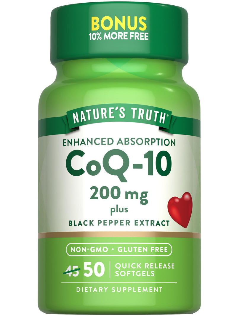 Nature's Truth CoQ10 200mg Softgels | 50 Count | Enhanced Absorption Supplement | Plus Black Pepper Extract | Non-GMO, Gluten Free 50 Count (Pack of 1)
