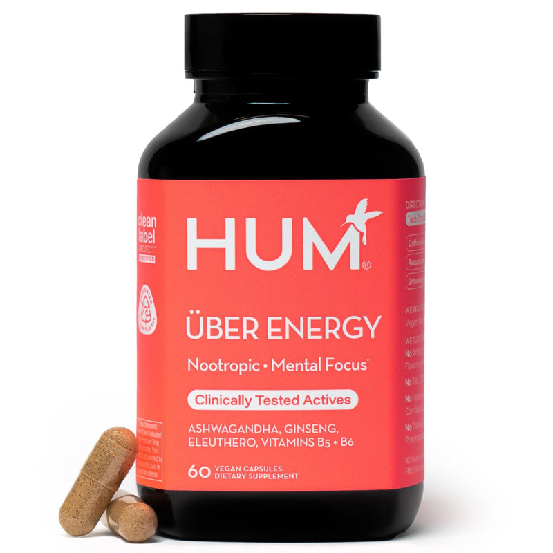 HUM Uber Energy Adaptogen & B Vitamin Supplement, 60 Count | Ashwagandha, Ginseng, Eleuthero, Rhodiola & Licorice Root, B5 & B6 Vitamins, Vegan, Non-GMO