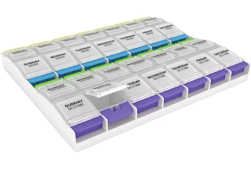 Ezy Dose Weekly (7-Day) Pill Case, Medicine Planner, Vitamin Organizer Box, 3X-Large Push Button Compartments, 4 Times a Day, Clear Lids, BPA Free