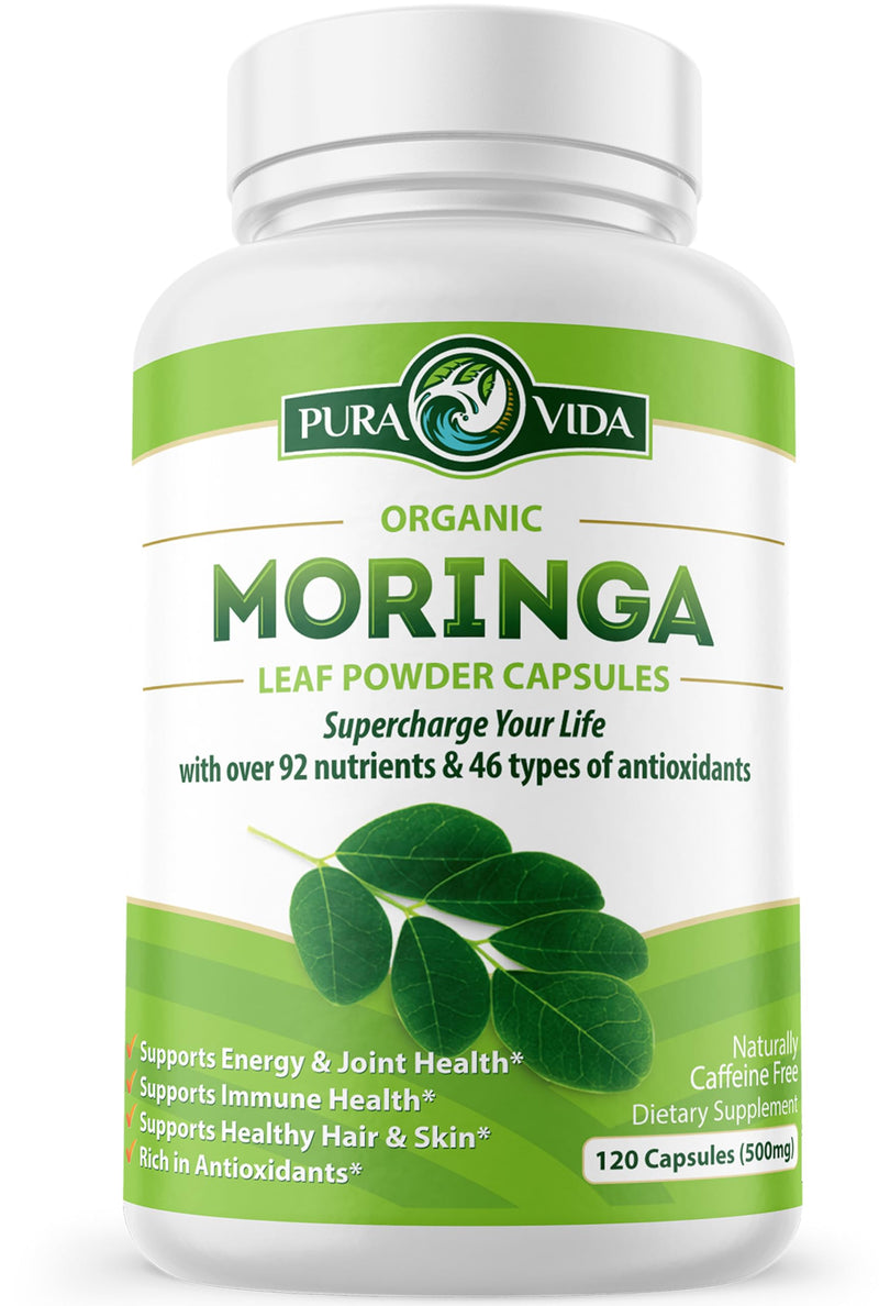 [Australia] - PURA VIDA MORINGA Capsules Single Origin Moringa Powder Organic. Pure Moringa Leaf. Energy, Metabolism, & Immune Support. 120ct. 500mg Caps. 120 Count (Pack of 1) 