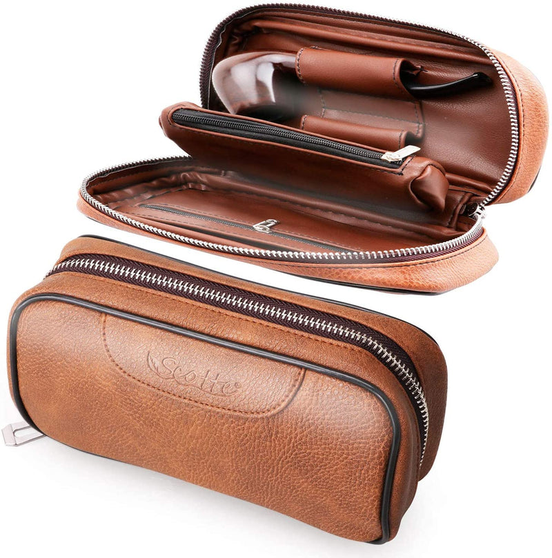 [Australia] - Scotte PU Leather Tobacco Smoking Wood Pipe Pouch case/Bag for 2 Tobacco Pipe and Other Accessories(Does not Include Pipes and Accessories) Brown 