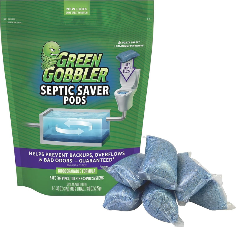 [Australia] - Green Gobbler Septic Tank Treatment Packets, 6 Month Supply - Natural Bacteria to Prevent Costly Septic Issues, Back-Ups, Foul Odor 6 Pods 