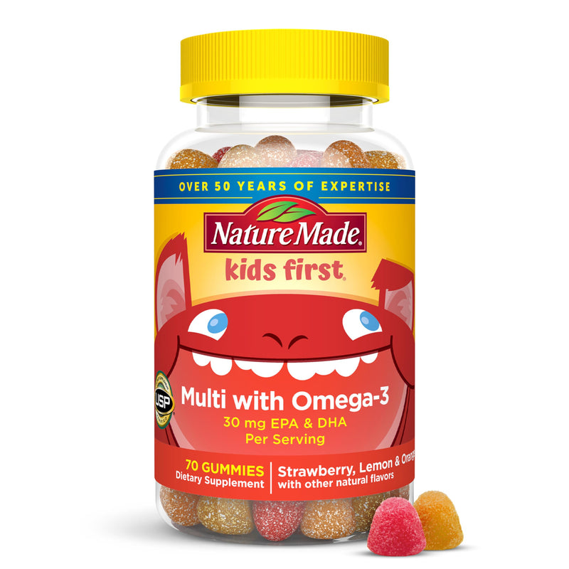 Nature Made Kids First Multivitamin with Omega-3, 70 Gummies | Kids Gummy Multivitamins with Vitamins and Minerals for Daily Nutritional Support, Strawberry, Lemon & Orange Flavors 70 Count (Pack of 1)