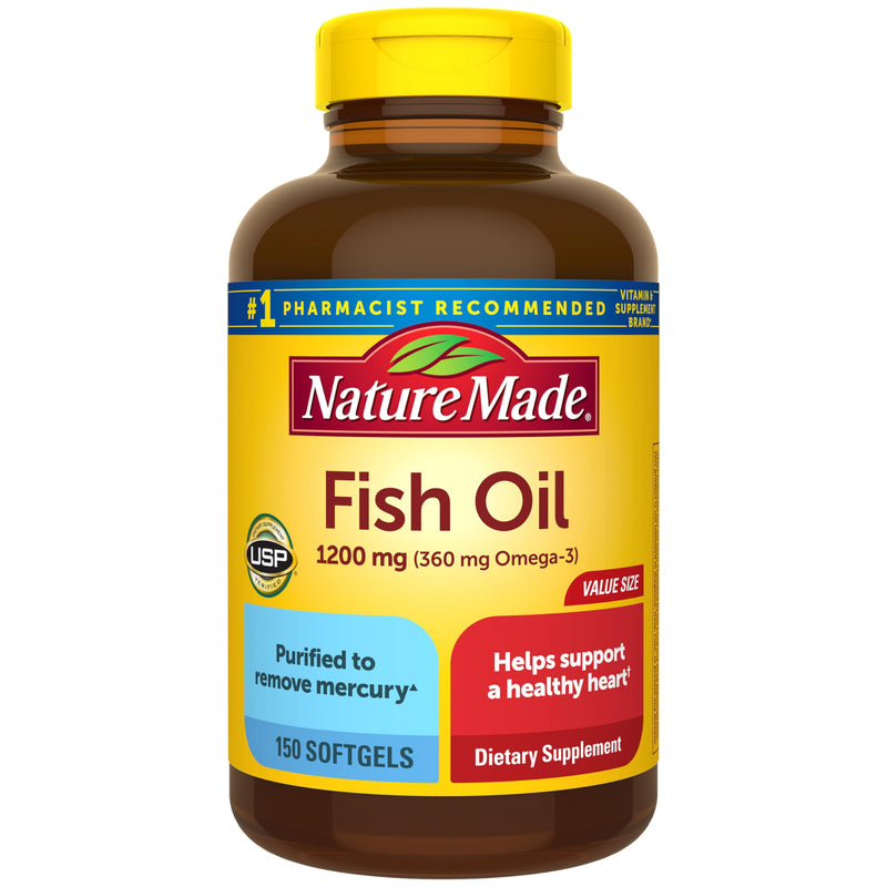 Nature Made Fish Oil Omega 3 Supplements, 1200 mg Softgels, 150 Softgels | Omega 3 Fish Oil for Healthy Heart Support, Gluten Free, Dairy Free, 75 Day Supply