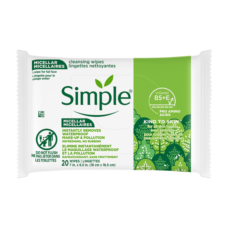 Simple Kind to Skin Cleansing Wipes Micellar Gentle and Effective Makeup Remover Free from color and dye, artificial perfume and harsh chemicals 20 Wipes 25 Count (Pack of 1)