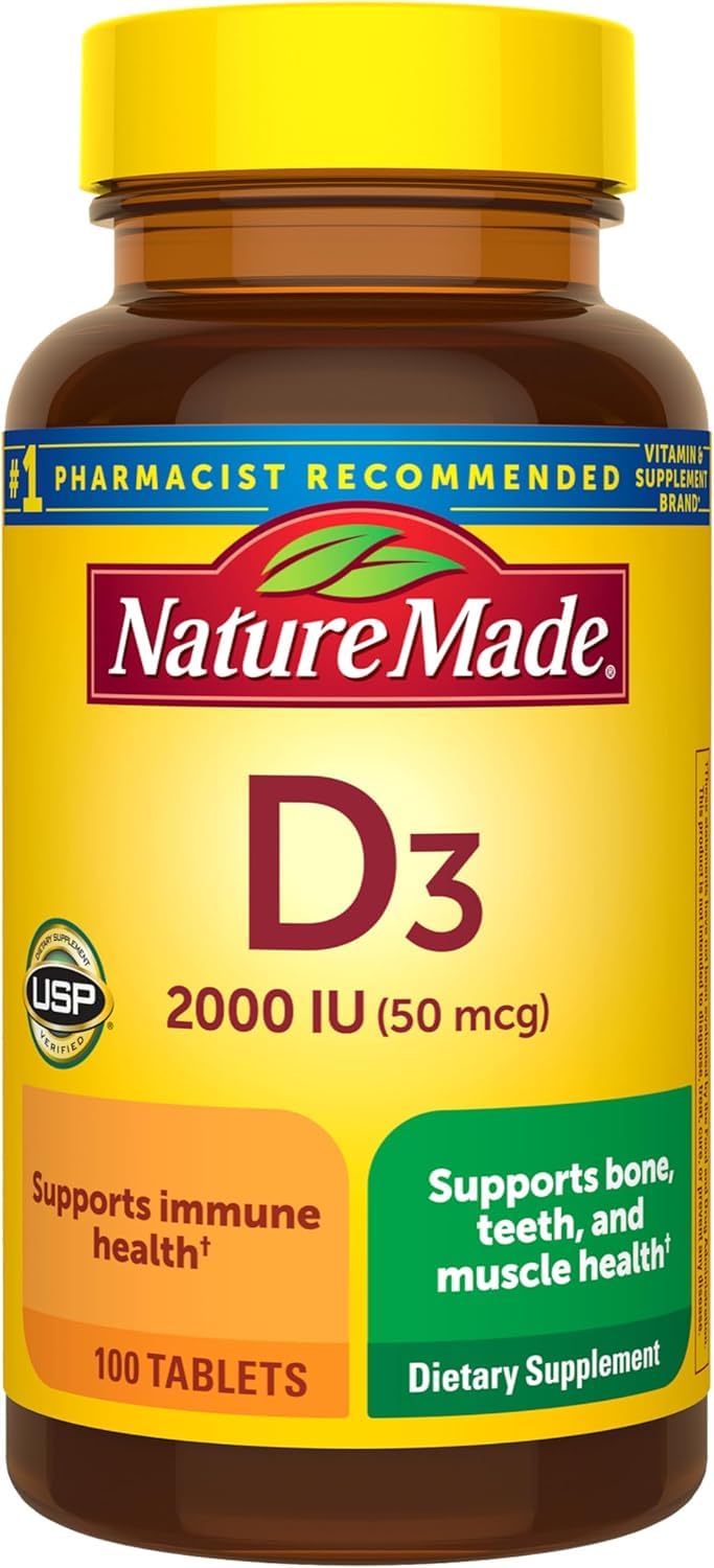 Vitamin D3, 100 Tablets, Vitamin D 2000 IU (50 mcg) Helps Support Immune Health, Strong Bones and Teeth, & Muscle Function, 250% of the Daily Value for Vitamin D in Only One Daily Tablet