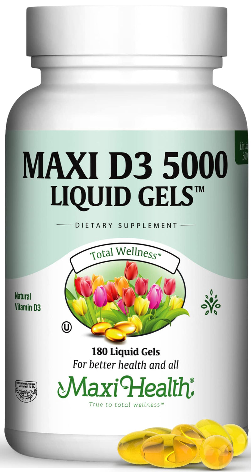 Maxi Health Vitamin D3 5000 IU Softgels - 125 mcg D3 Vitamin 5000 IU - Vitamin D 5000 IU for Healthy Bones & Teeth - Dietary Vitamins Supplements for Immune Support - (180 Count) | Kosher | High-Potency Vitamin D3 Supplement | Bone, Teeth & Immune Supp...
