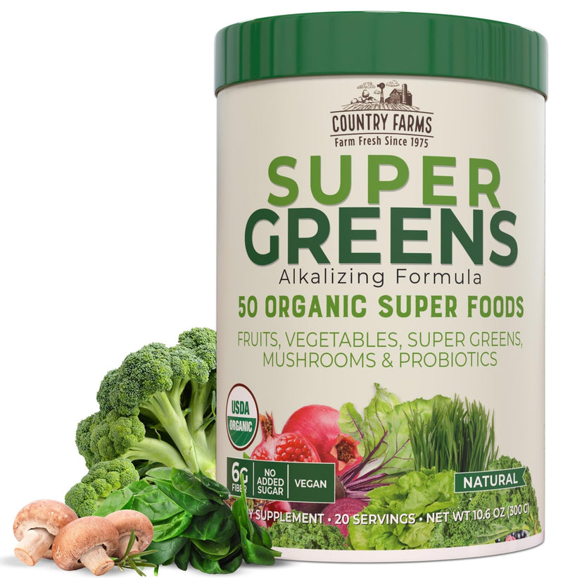[Australia] - Country Farms Organic Super Greens Natural Flavor, 50 Organic Super Foods, Packed with Fiber, USDA Organic Drink Mix, Fruits, Vegetables, Mushrooms & Probiotics, Supports Energy, 6g Fiber 1 Count (Pack of 1) 
